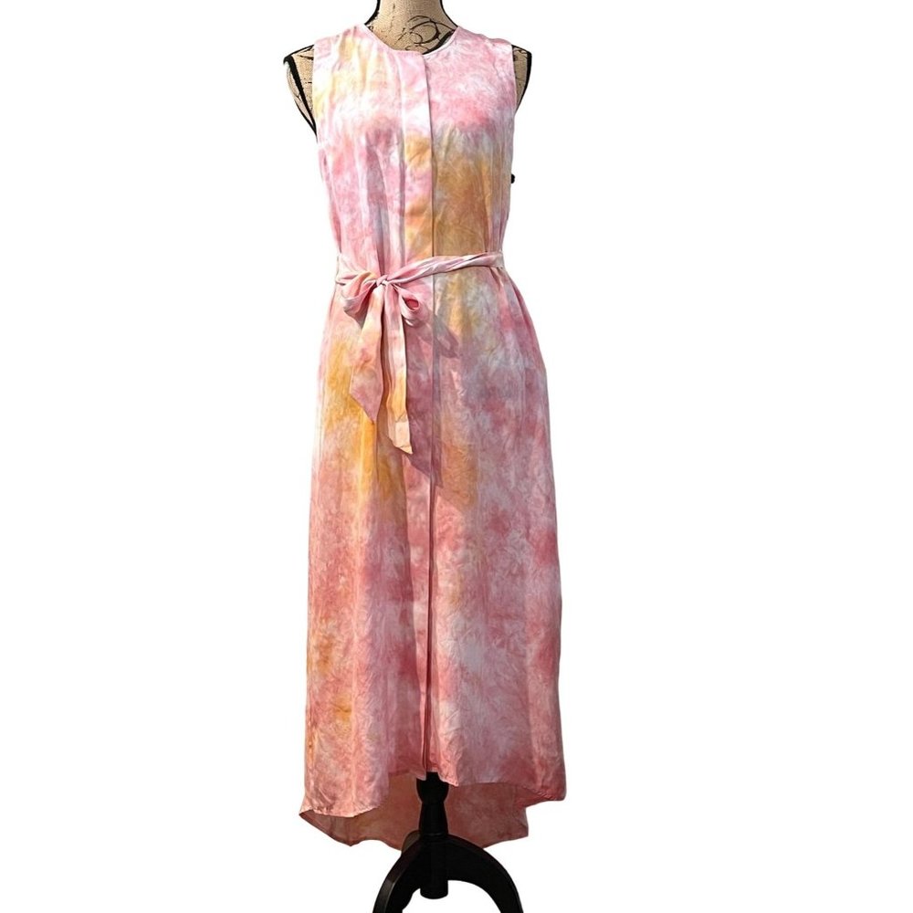 Symphony + Note Tie-Dye Pink & Peach 100%Silk Maxi Dress, Size S, NWT, MSRP $99